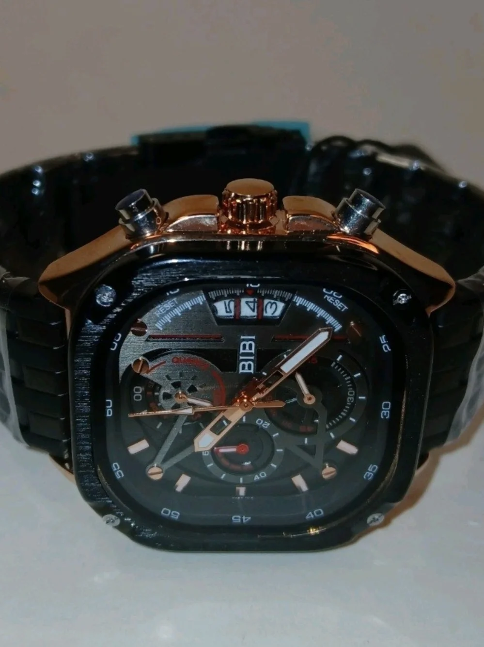 BIBI Mens Modern Square Case Quartz Watch Rose Gold Accent Black Steel Band NEW